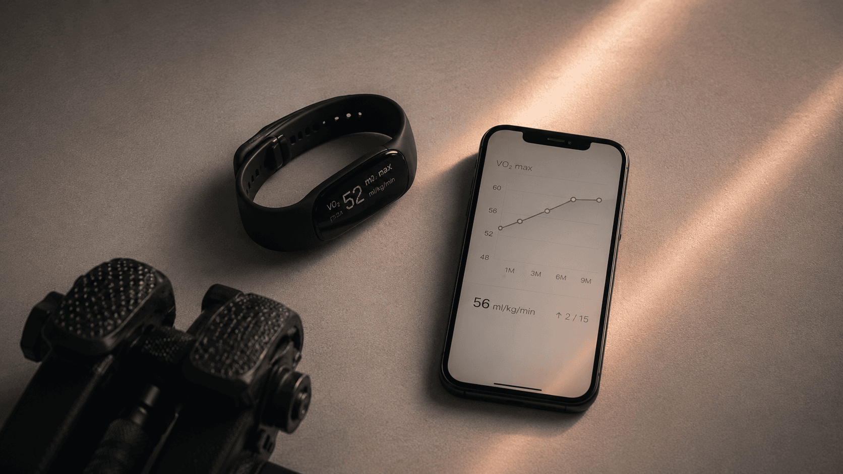 A sport wearable beside a smartphone displaying a mint VO₂max progression curve on a warm-lit lab surface.